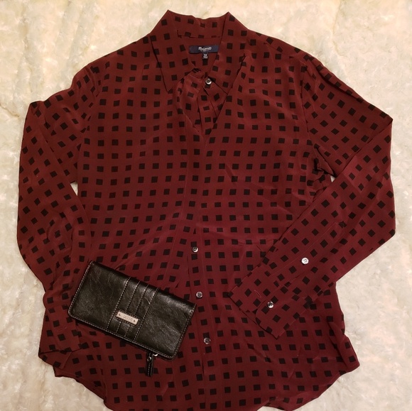 Madewell Tops - Madewell silk burgundy/black button dress shirt XS Madewell Tops - Madewell silk burgundy/black button dress shirt XS
